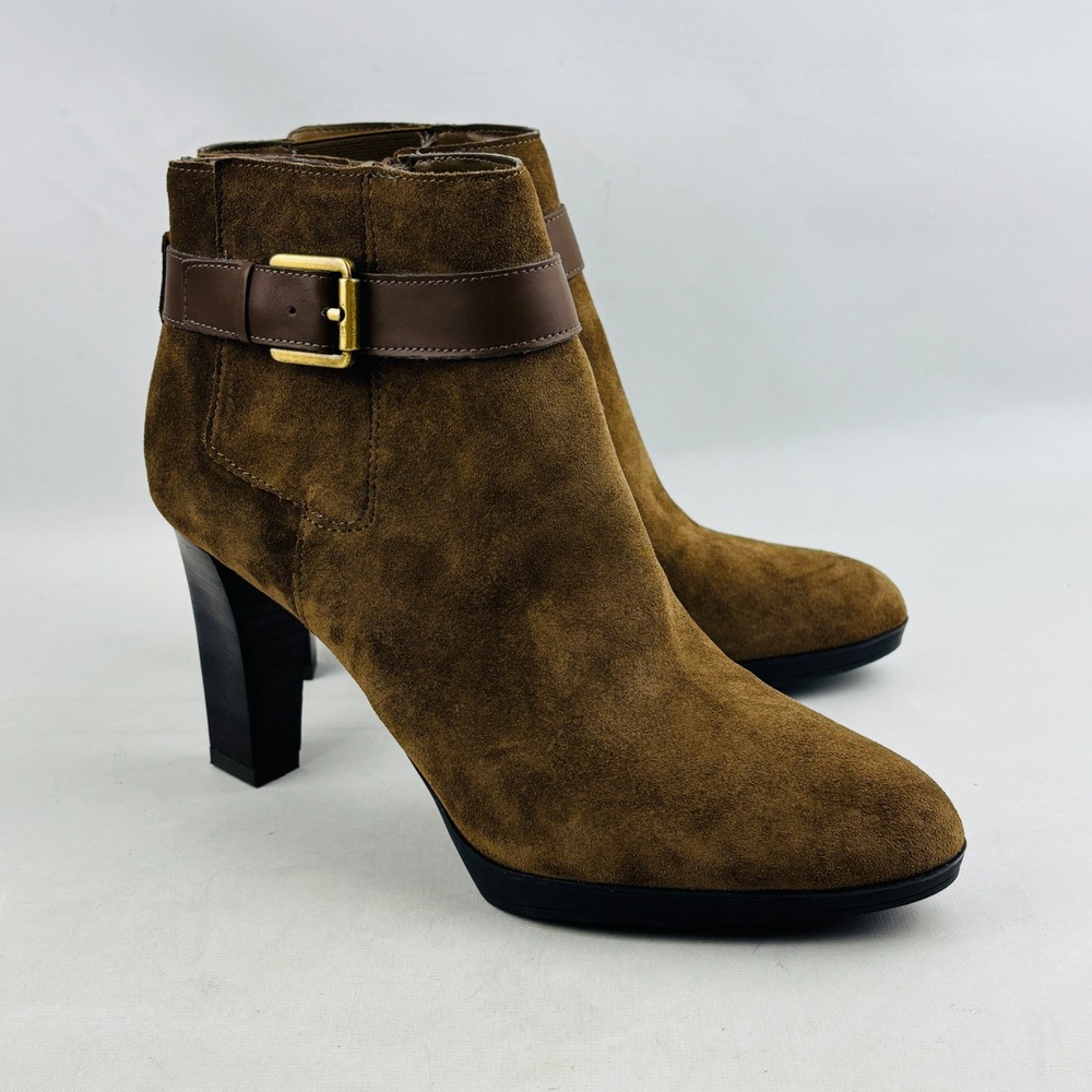 Franco Sarto Idrina Zip Ankle Boot Womens 7.5 Khaki Brown Suede 3.25" High Heel